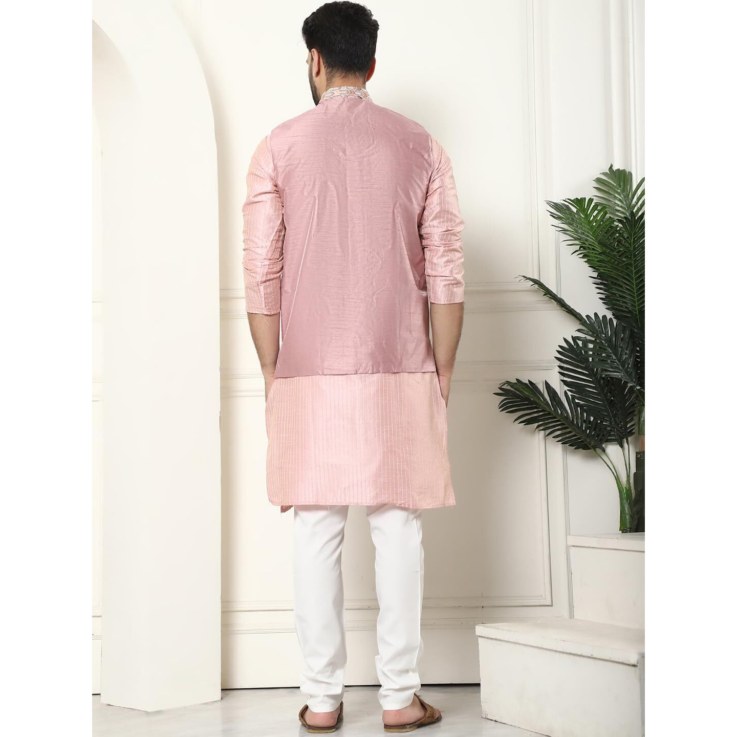 Sojanya (Since 1958 Men's Silk Blend Striped Design Pink Kurta And Cream Pyjama With Designer Pink Nehru Jacket