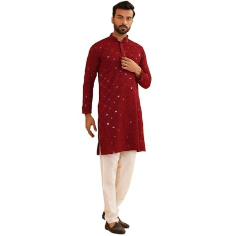 Sojanya (Since 1958 Men's Cotton Embroidered Sequinned Maroon Kurta With White Churidaar Pyjama