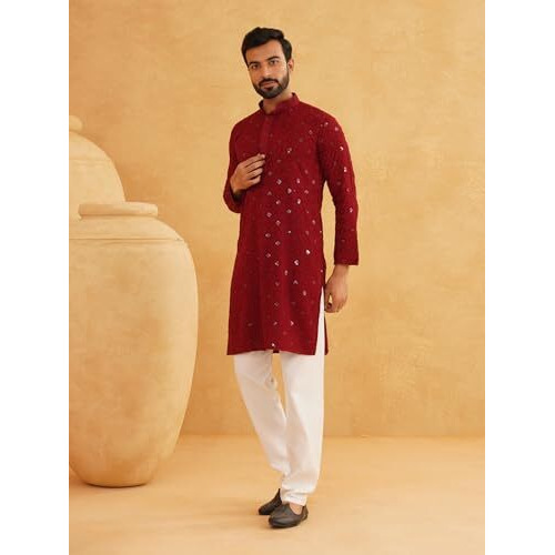 Sojanya (Since 1958 Men's Cotton Embroidered Sequinned Maroon Kurta With White Churidaar Pyjama