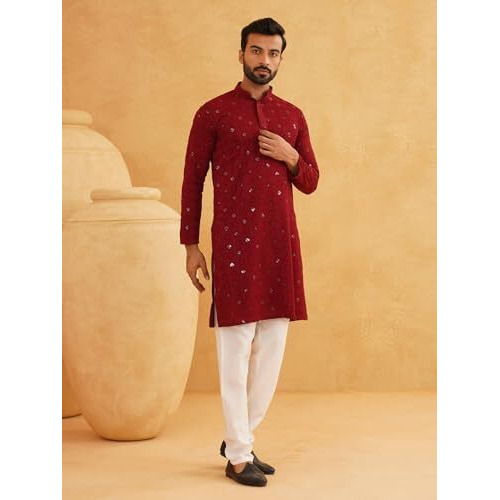 Sojanya (Since 1958 Men's Cotton Embroidered Sequinned Maroon Kurta With White Churidaar Pyjama