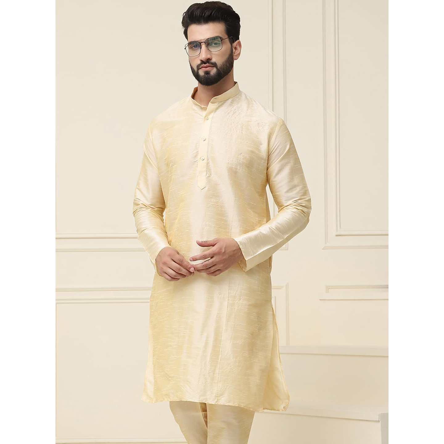Sojanya (Since 1958 Men's Dupion Silk Gold Only Long Kurta