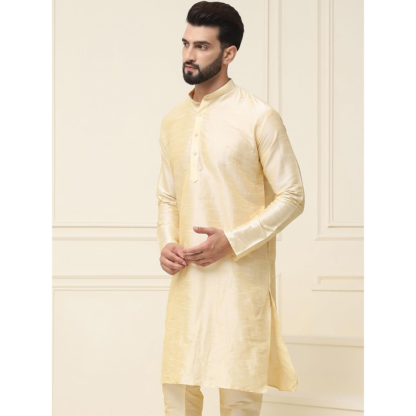 Sojanya (Since 1958 Men's Dupion Silk Gold Only Long Kurta