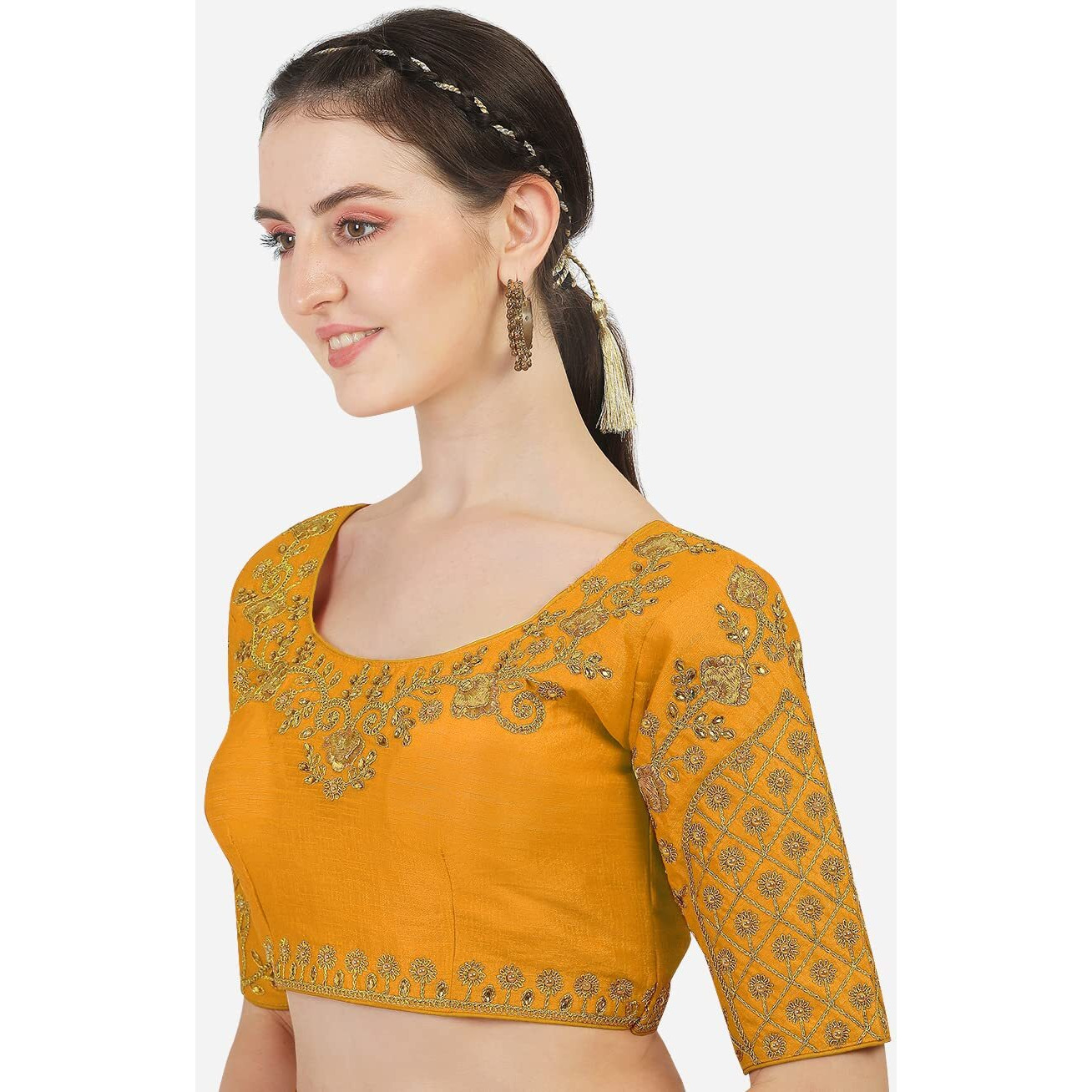 Pujia Mills Women's Silk Embroidery Half Sleeve Blouse (Florall Blouse_Yellow_36)