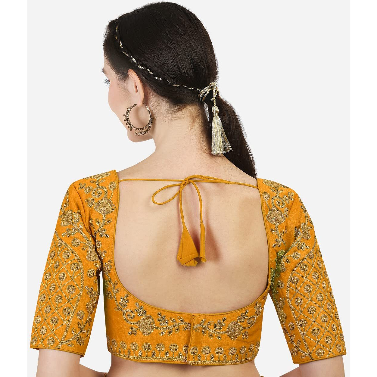 Pujia Mills Women's Silk Embroidery Half Sleeve Blouse (Florall Blouse_Yellow_36)