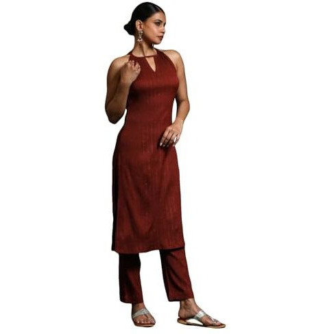 Varanga Women Brown Halter Neck Straight Kurta With Trouser