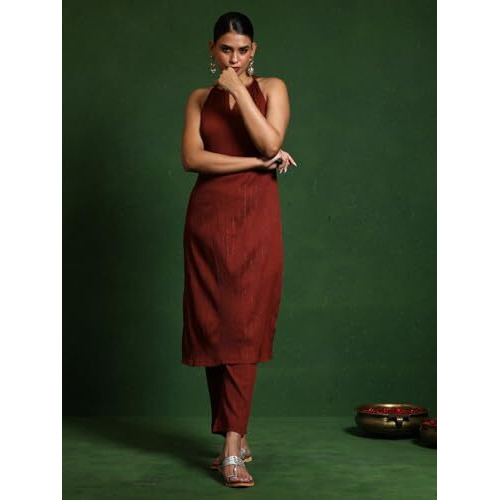 Varanga Women Brown Halter Neck Straight Kurta With Trouser