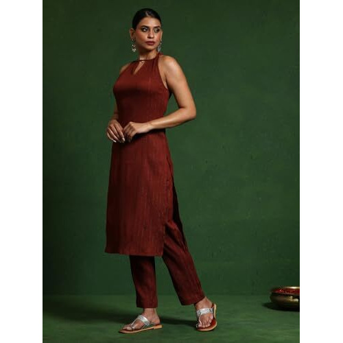 Varanga Women Brown Halter Neck Straight Kurta With Trouser