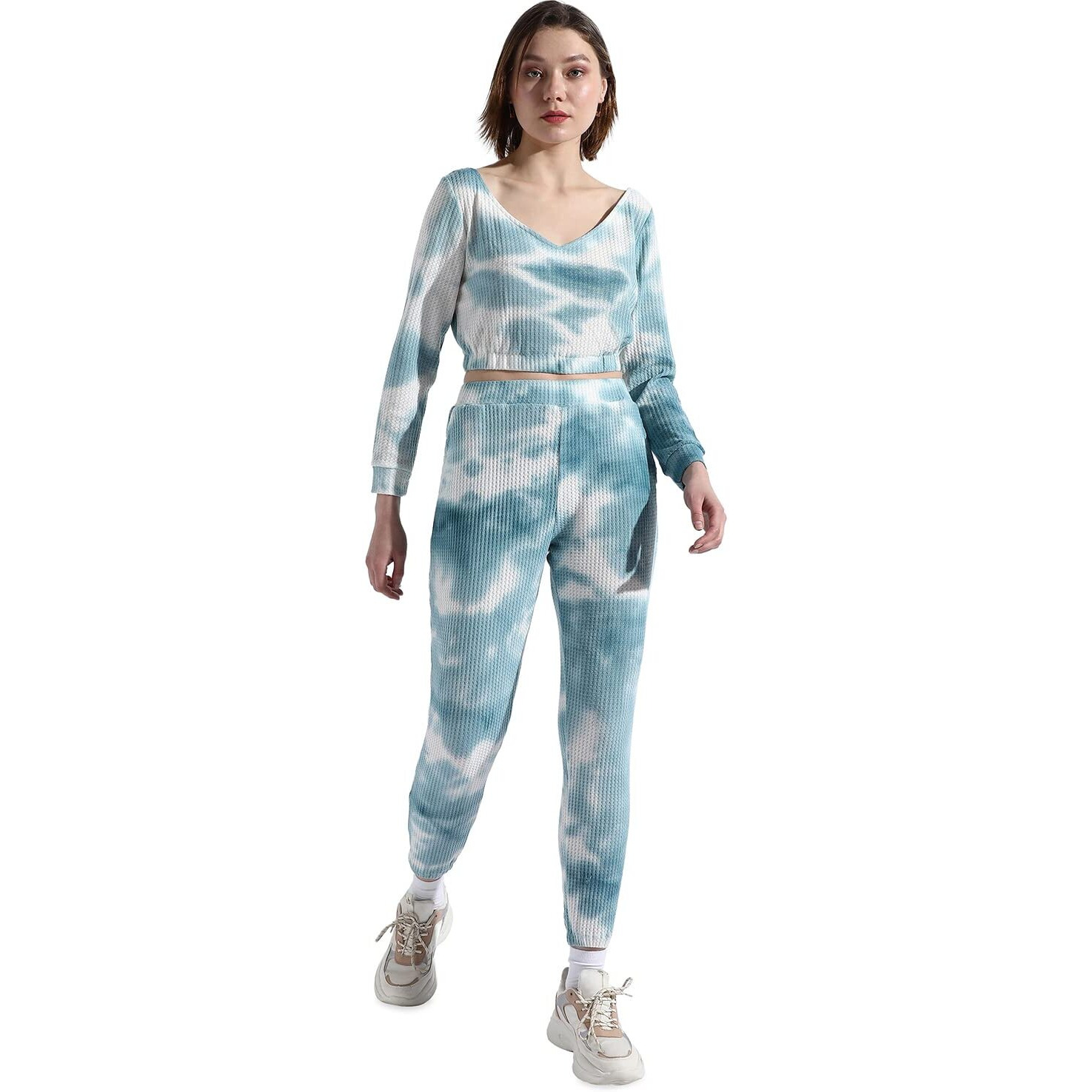 Campus Sutra Women's Blue Tie-Dye V Neck Long Sleeve Regular Fit Co-Ords Set For Casual Wear | Clothing Set Crafted With Comfort Fit And High Performance For Everyday Wear