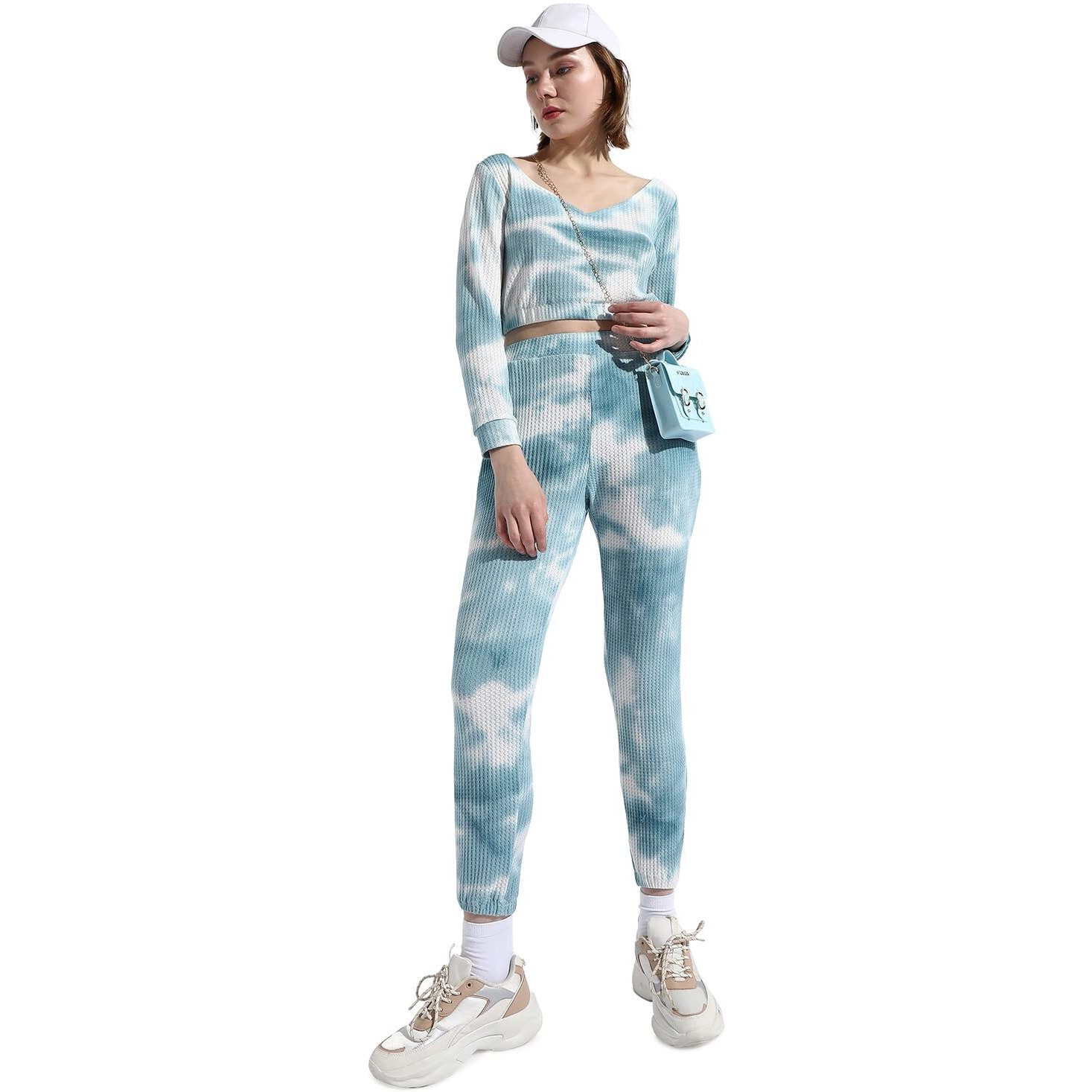 Campus Sutra Women's Blue Tie-Dye V Neck Long Sleeve Regular Fit Co-Ords Set For Casual Wear | Clothing Set Crafted With Comfort Fit And High Performance For Everyday Wear
