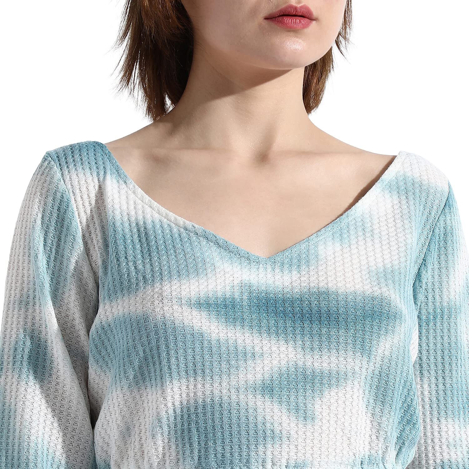 Campus Sutra Women's Blue Tie-Dye V Neck Long Sleeve Regular Fit Co-Ords Set For Casual Wear | Clothing Set Crafted With Comfort Fit And High Performance For Everyday Wear
