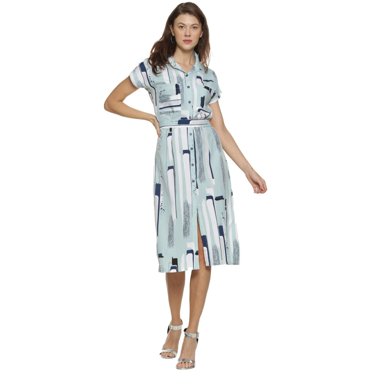 Campus Sutra Women Abstract Print A-Line Dress With Patch Pocket(Suaz_Dresabs01_W_Pln_Gre_M) Green