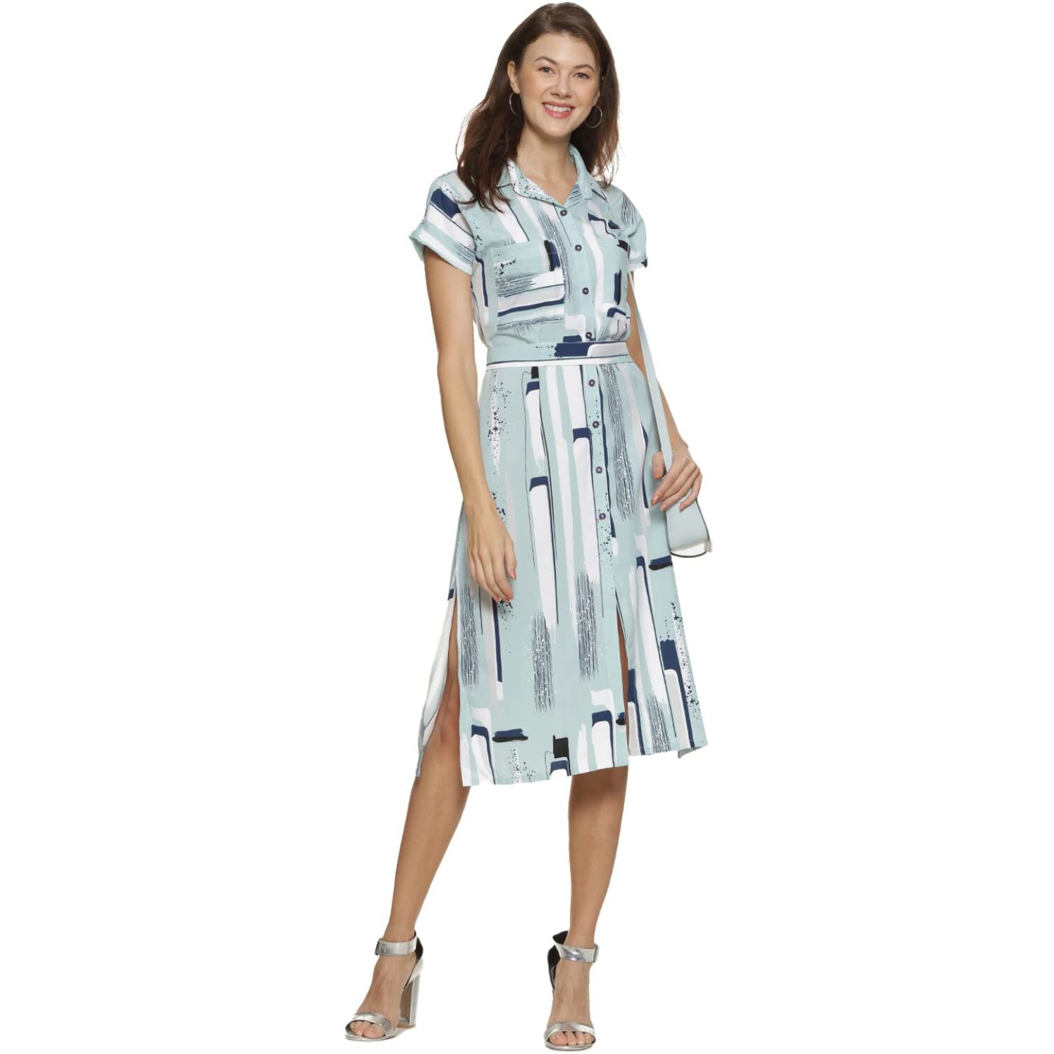 Campus Sutra Women Abstract Print A-Line Dress With Patch Pocket(Suaz_Dresabs01_W_Pln_Gre_M) Green