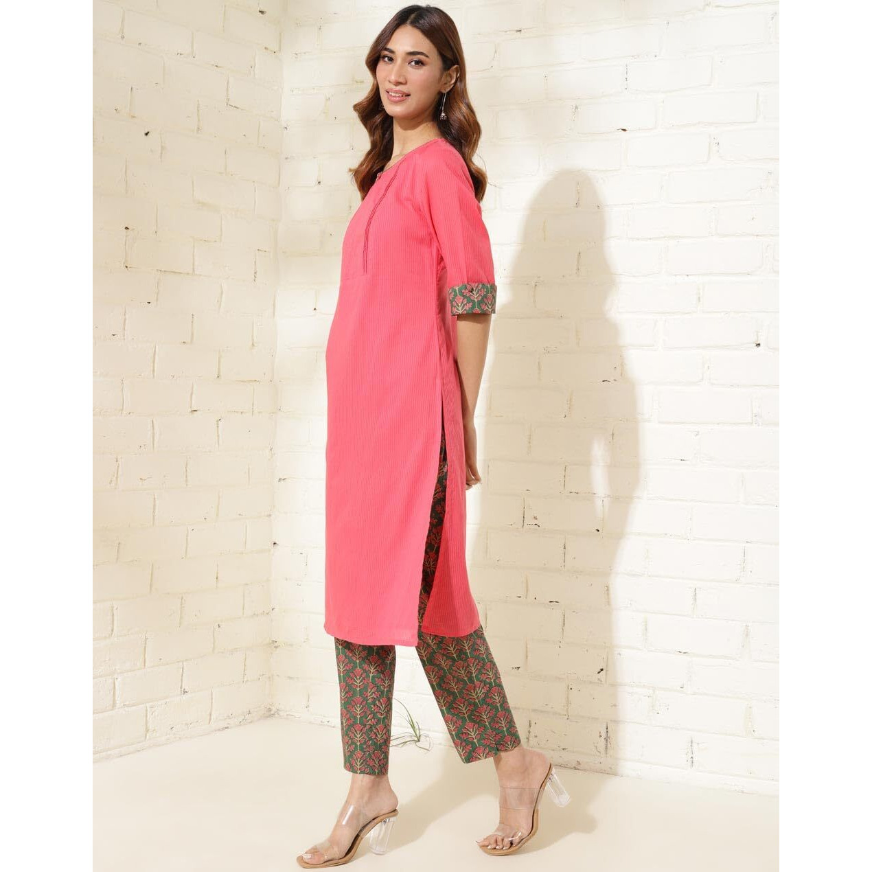 Fabindia Women's Cotton Printed Slim Kurta Set (1037313Pink_Pink