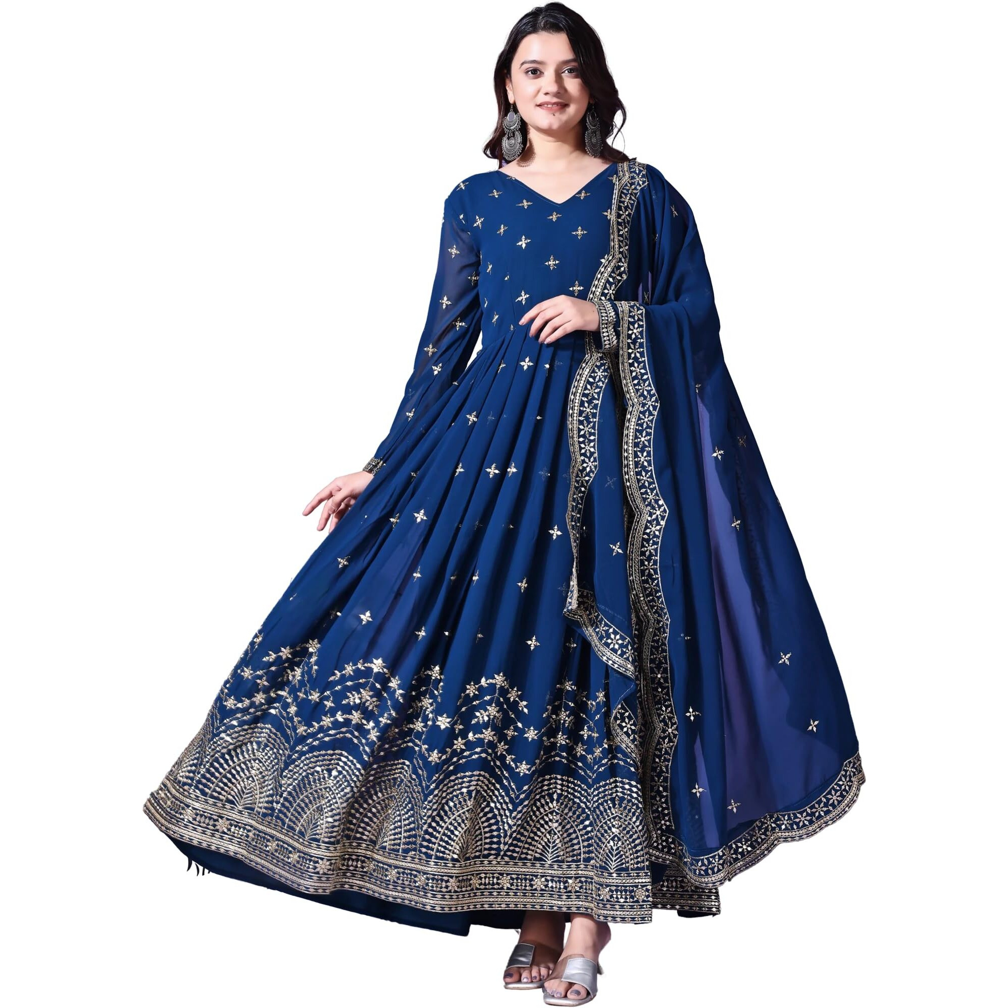 Fashion Basket Faux Georgette Sequins Anarkali Dress For Women (In, Alpha, M, Regular, Turquoise)