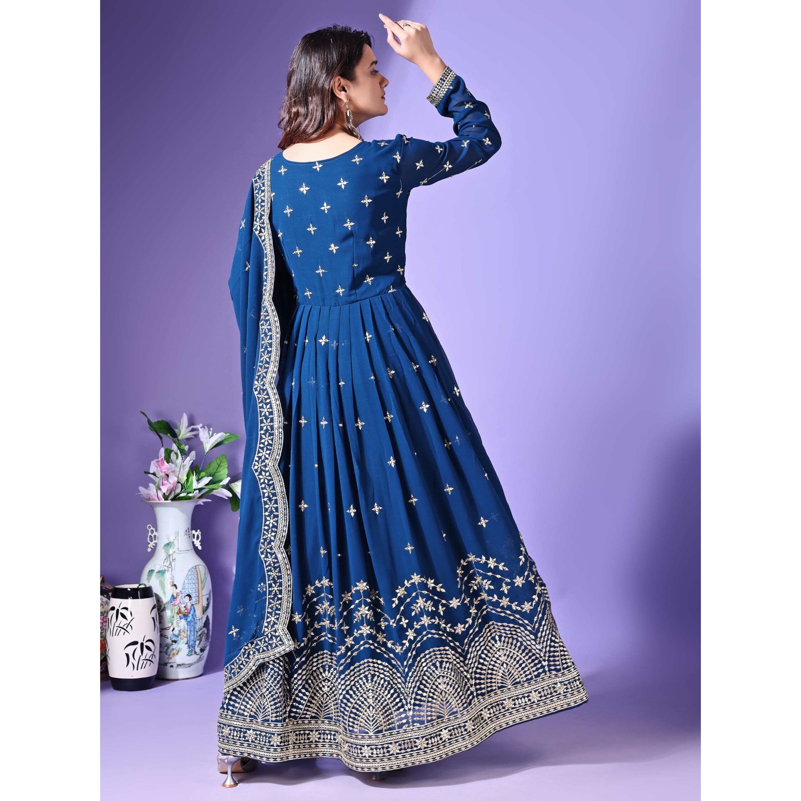 Fashion Basket Faux Georgette Sequins Anarkali Dress For Women (In, Alpha, M, Regular, Turquoise)