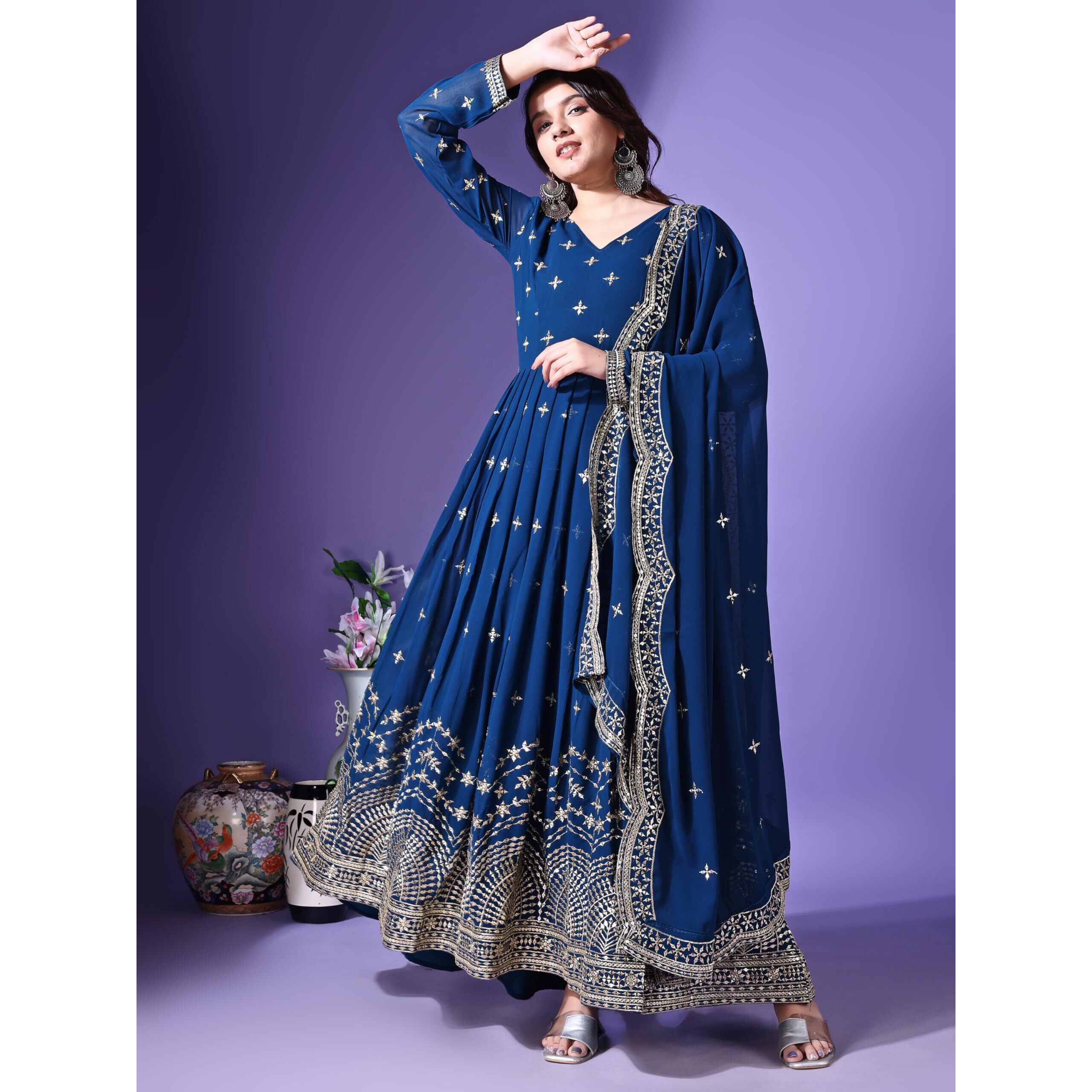Fashion Basket Faux Georgette Sequins Anarkali Dress For Women (In, Alpha, M, Regular, Turquoise)
