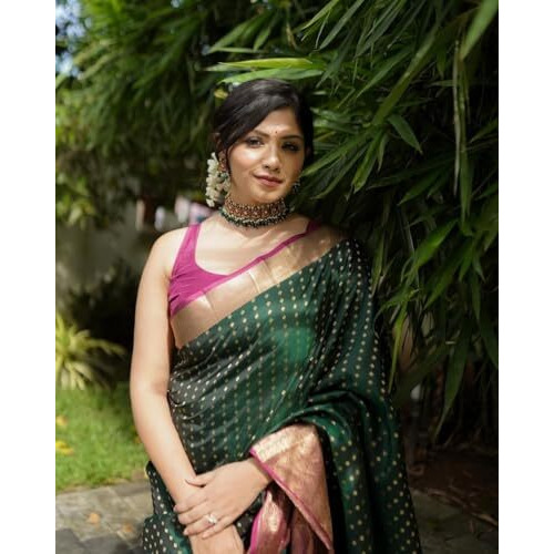 Flosive Women's Present Green & Maroon Kanjivaram Wedding Saree With Blouse