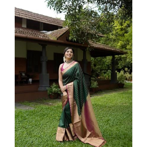 Flosive Women's Present Green & Maroon Kanjivaram Wedding Saree With Blouse