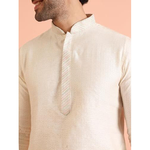 Kisah Men's Kurta, Off White Jacquard, Woven Design Regular Fit Mandarin Collar Long Sleeves (40)