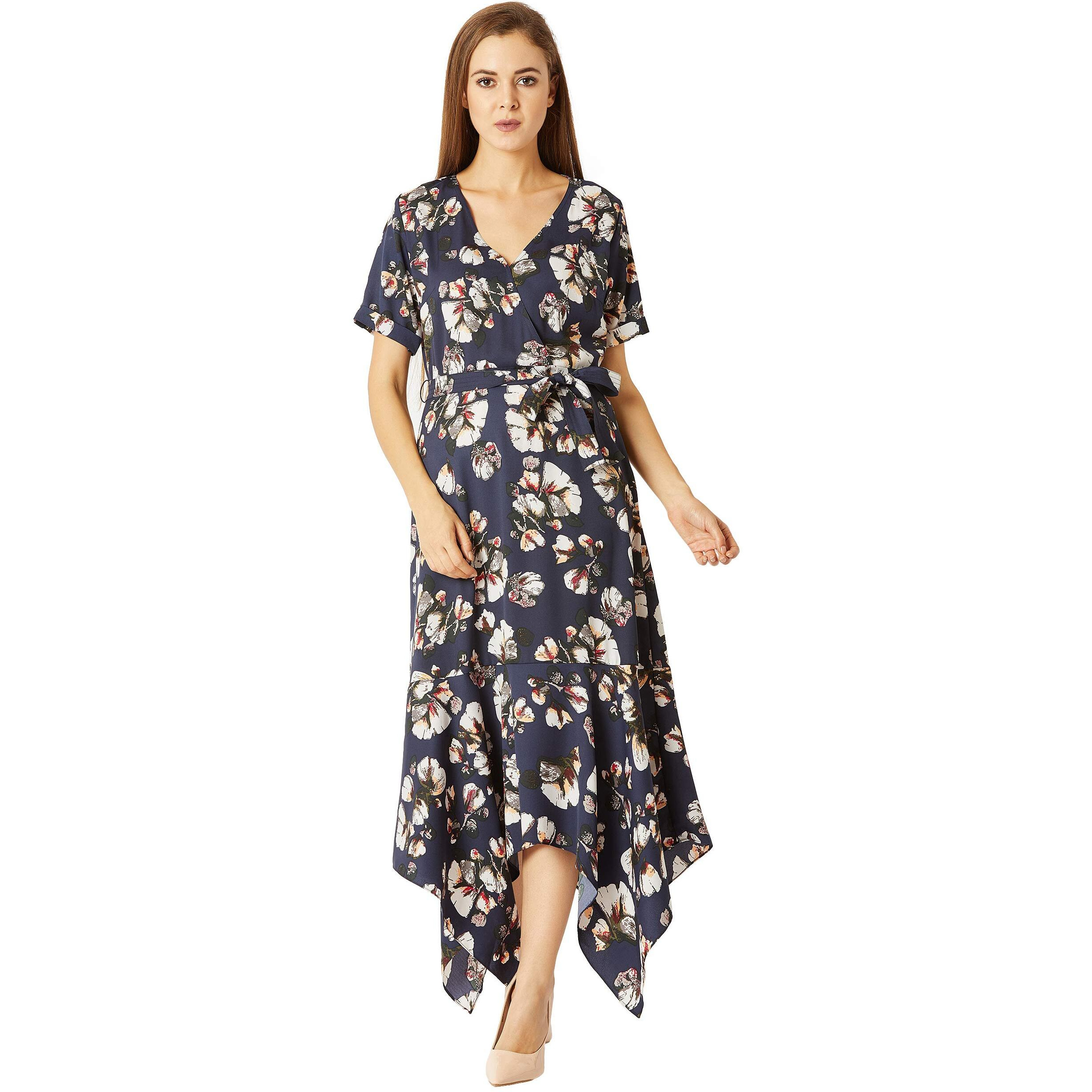 Miss Chase Women's Crepe Wrap Dress(Mcaw18D12-10-178-02,Multicolor-Base Navy Blue,X-Small)