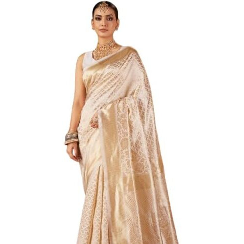 Flosive Women's Cream Woven Kanjivaram Wedding Saree With Blouse Piece