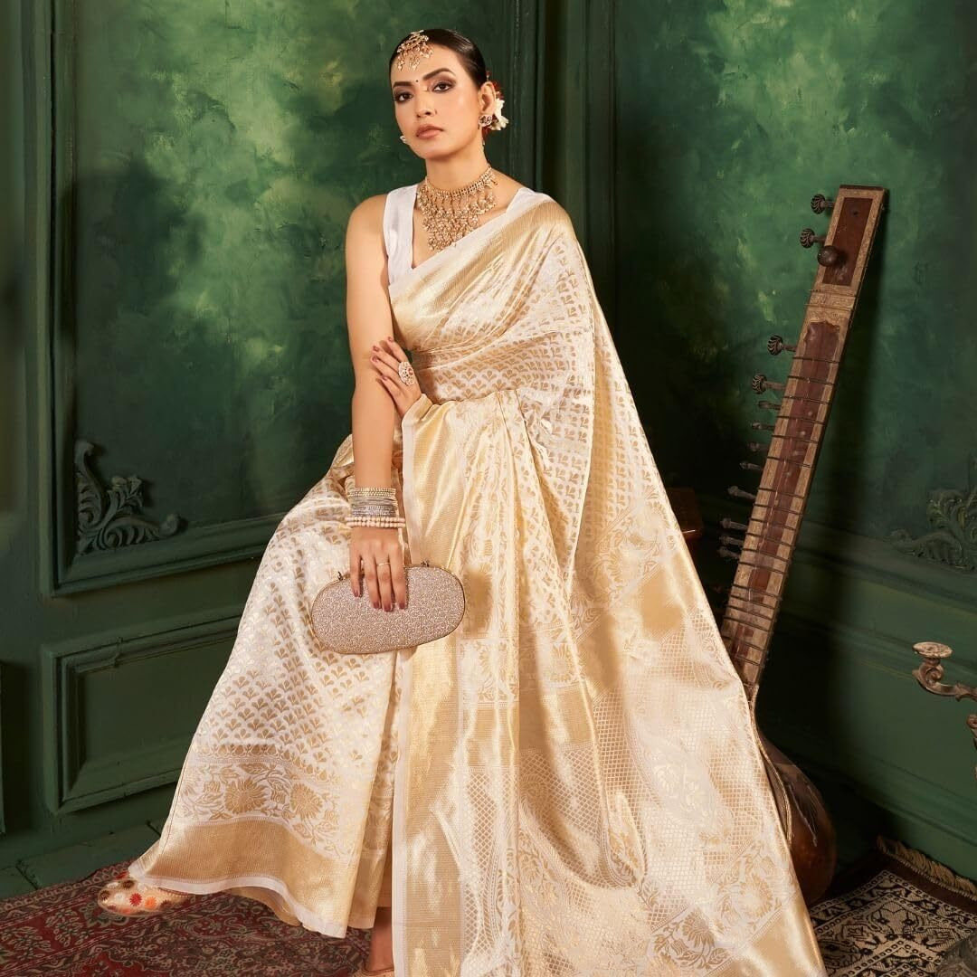 Flosive Women's Cream Woven Kanjivaram Wedding Saree With Blouse Piece
