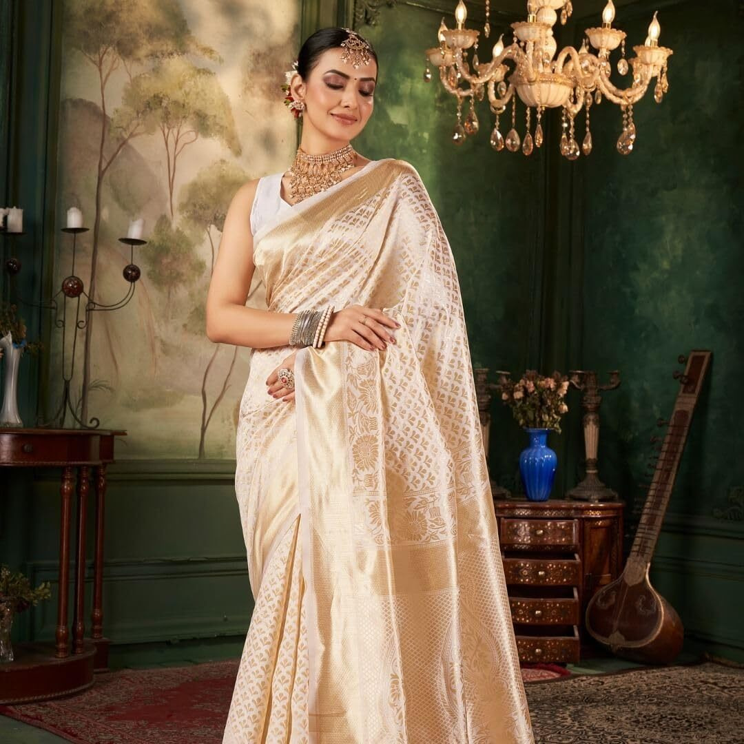Flosive Women's Cream Woven Kanjivaram Wedding Saree With Blouse Piece