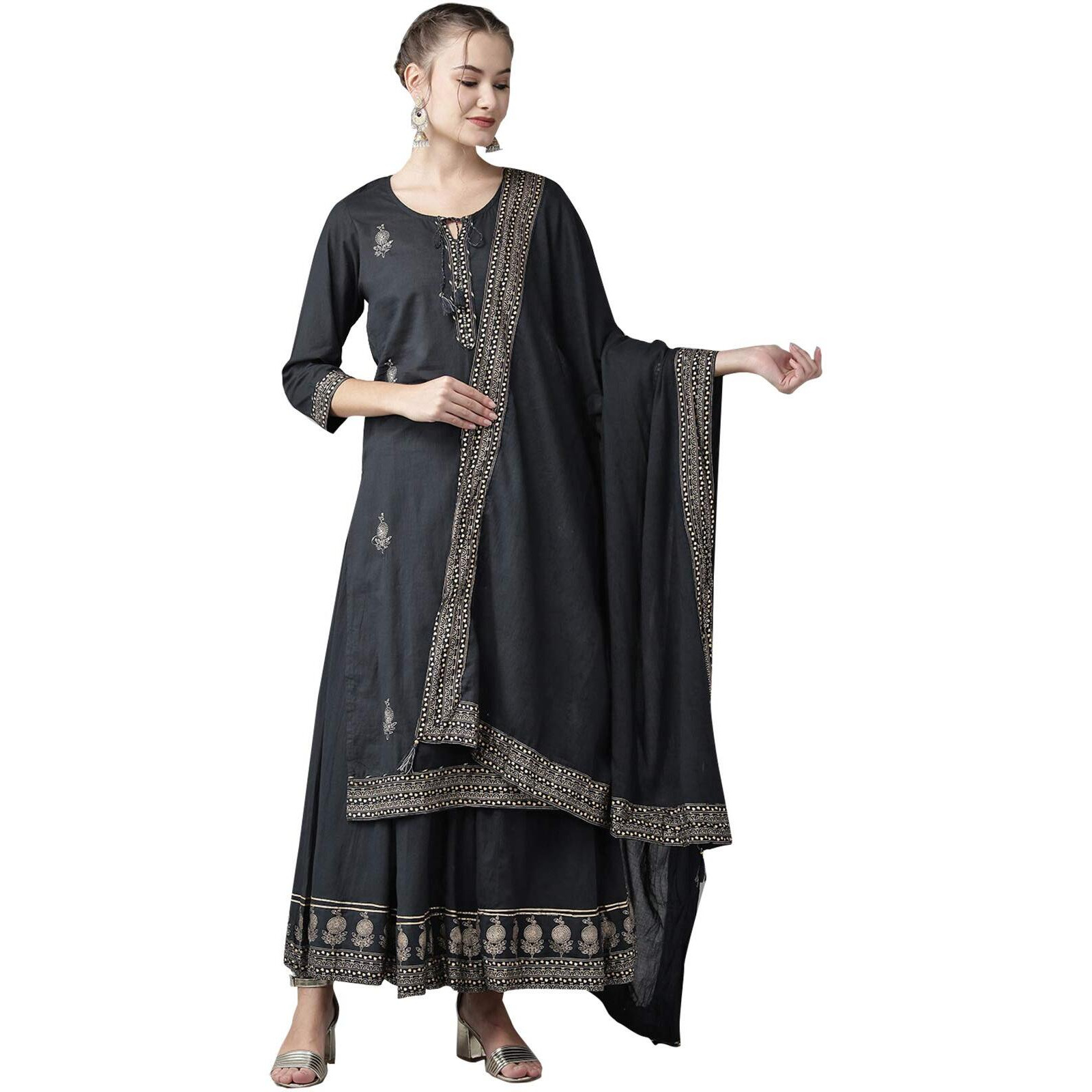 Ishin Women's Pure Cotton Embroidered A-Line Kurta Suit Set With Dupatta & Sharara Kurplduppram-990_S_Navy Blue