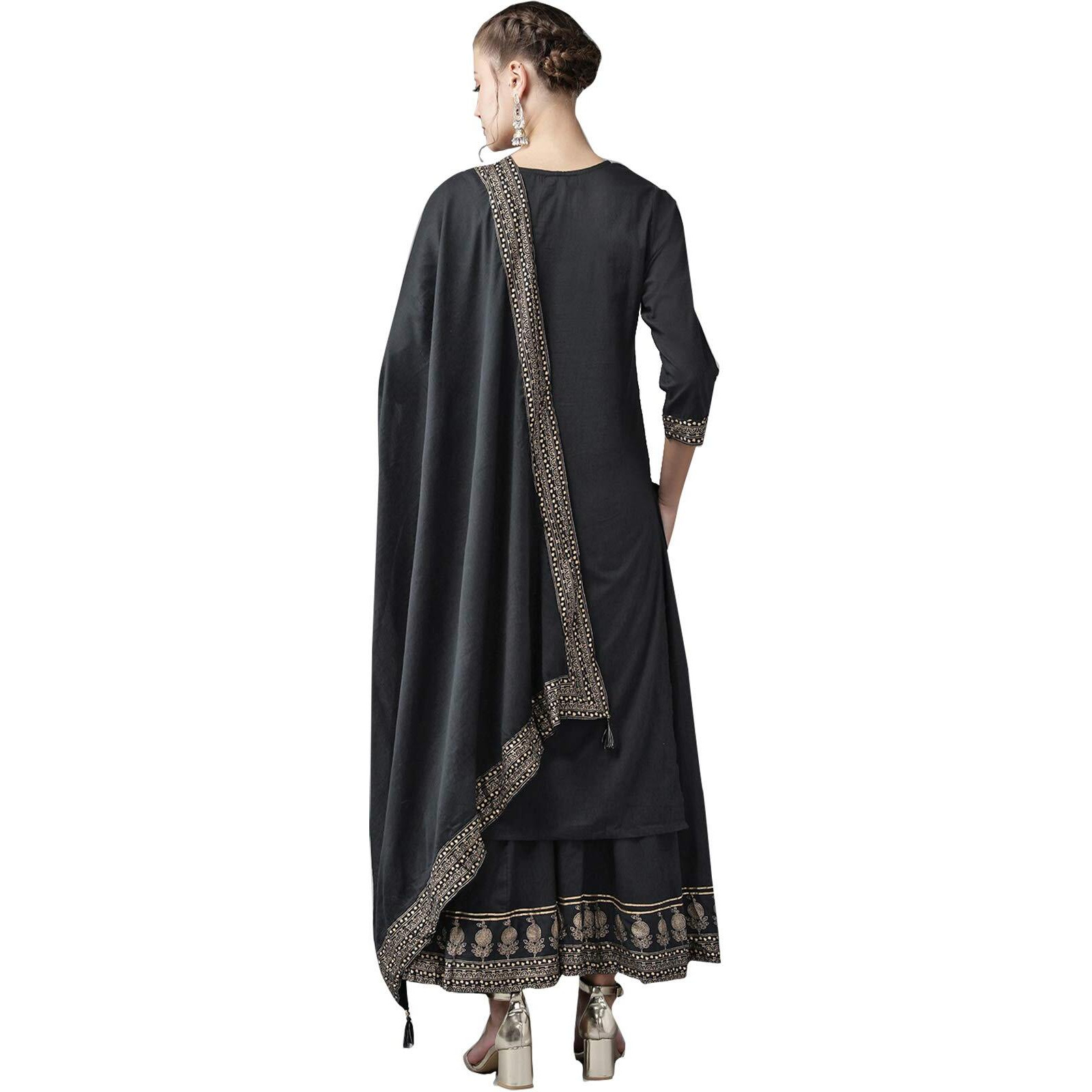 Ishin Women's Pure Cotton Embroidered A-Line Kurta Suit Set With Dupatta & Sharara Kurplduppram-990_S_Navy Blue