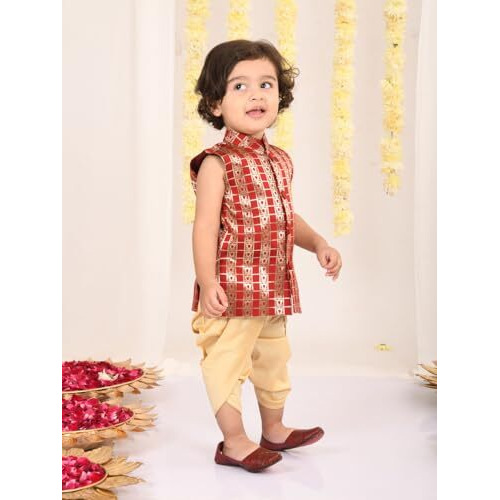 Jbn Creation Infant Boys Maroon And Gold Silk Blend Kurta And Dhoti Set