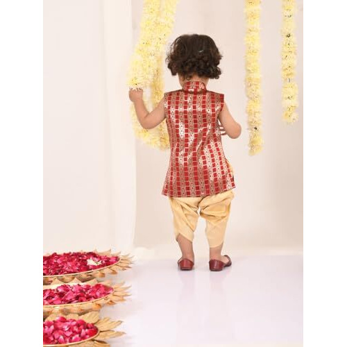 Jbn Creation Infant Boys Maroon And Gold Silk Blend Kurta And Dhoti Set