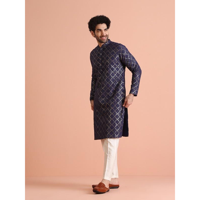 Kisah Mens Kurta|Cotton Fabric Embroidered Pattern Mens Ethnic Wear|Regular Fit Mandarin Collar Long Sleeves, Purple, 38