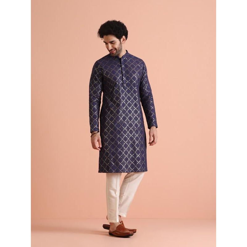 Kisah Mens Kurta|Cotton Fabric Embroidered Pattern Mens Ethnic Wear|Regular Fit Mandarin Collar Long Sleeves, Purple, 38