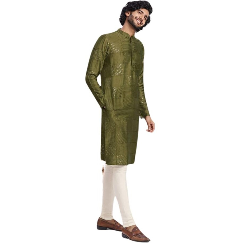 Kisah Men's Kurta, Olive Cotton, Embellished Regular Fit Mandarin Collar Long Sleeves (Xl)