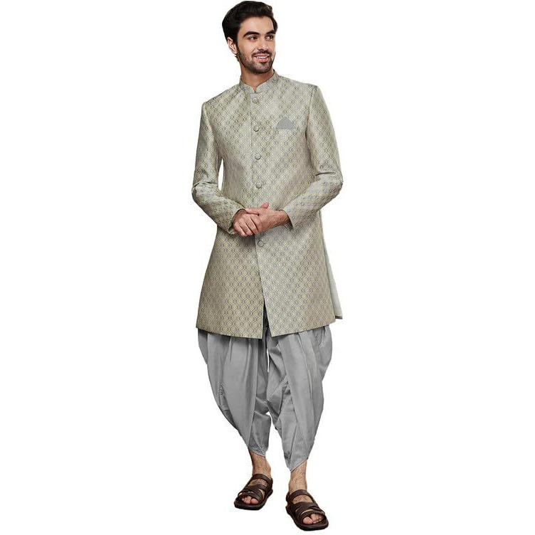 Kisah Men's Sherwani Dhoti Set, Indo-Western Grey Silk Blend, Woven Design Regular Fit Mandarin Collar Long Sleeves (38)