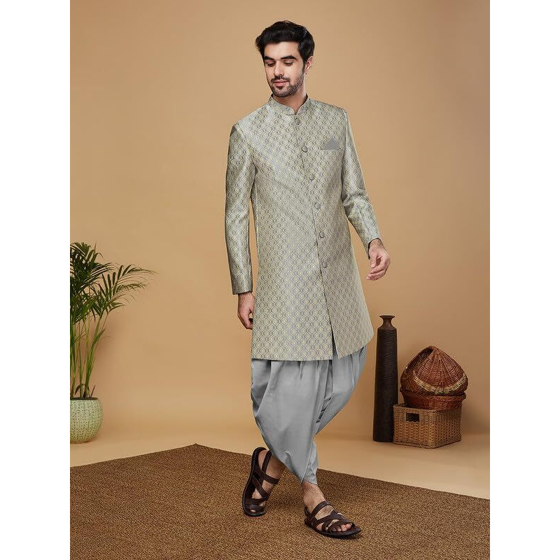 Kisah Men's Sherwani Dhoti Set, Indo-Western Grey Silk Blend, Woven Design Regular Fit Mandarin Collar Long Sleeves (38)
