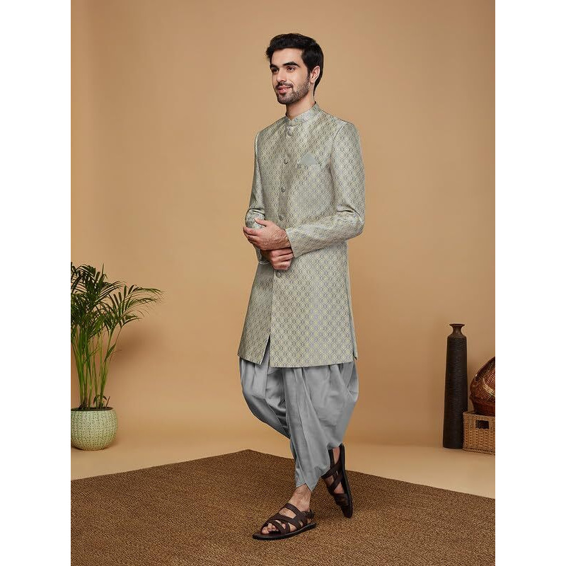 Kisah Men's Sherwani Dhoti Set, Indo-Western Grey Silk Blend, Woven Design Regular Fit Mandarin Collar Long Sleeves (38)