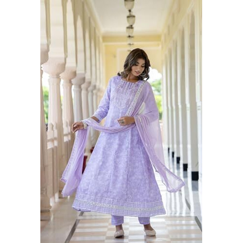 Lookmark Women's Kurta Set In Light Purple Color And Cotton Blend Fabric With Pant And Dupatta (Az-Lm-P7-Ks2154-M)