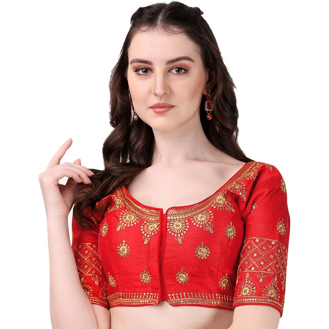 Pujia Mills Women's Silk Embroidery Coding Multi Work Readymade Saree Blouse(Suraj Red_38)