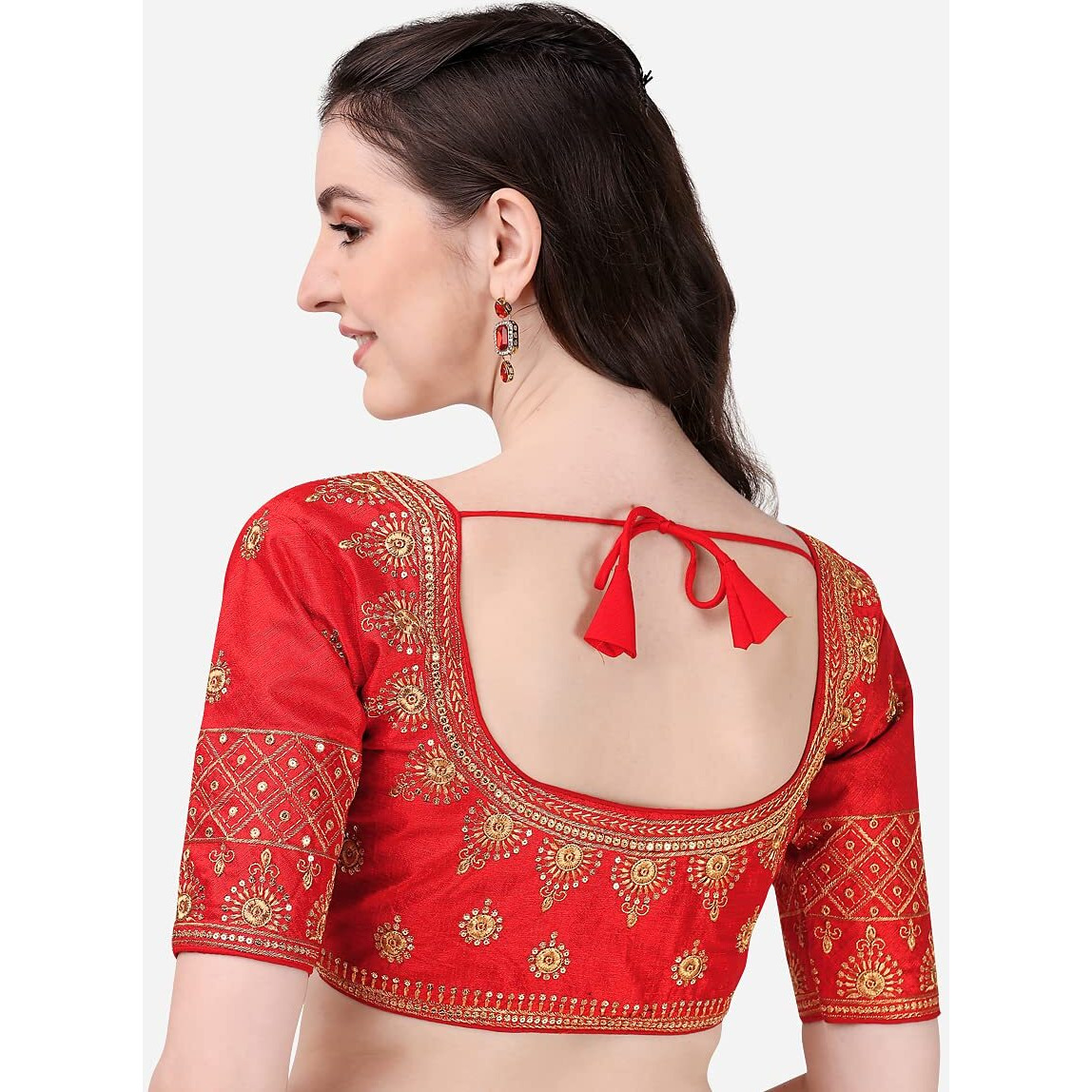 Pujia Mills Women's Silk Embroidery Coding Multi Work Readymade Saree Blouse(Suraj Red_38)