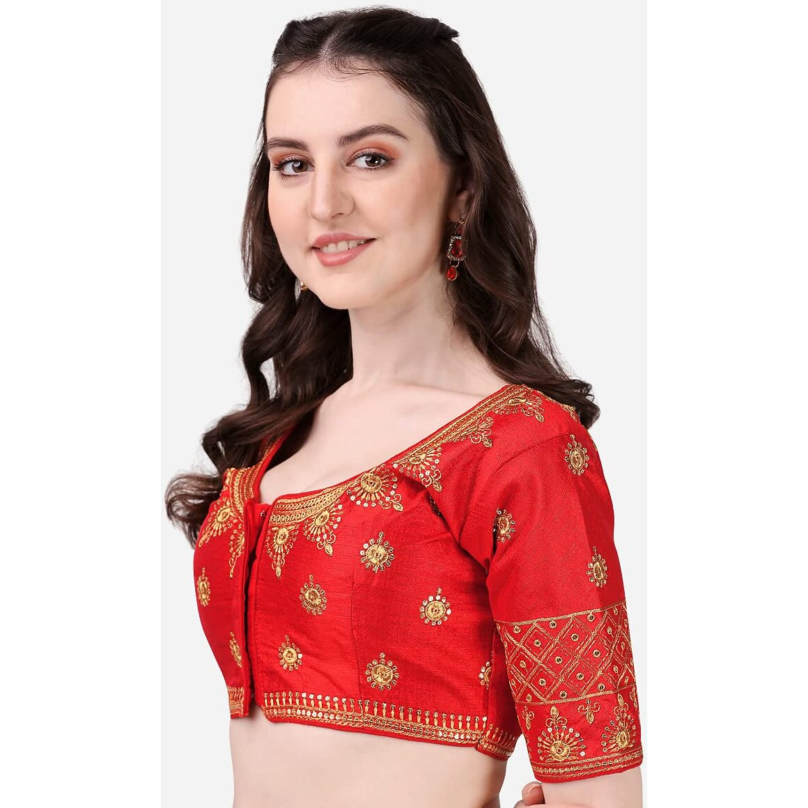 Pujia Mills Women's Silk Embroidery Coding Multi Work Readymade Saree Blouse(Suraj Red_38)