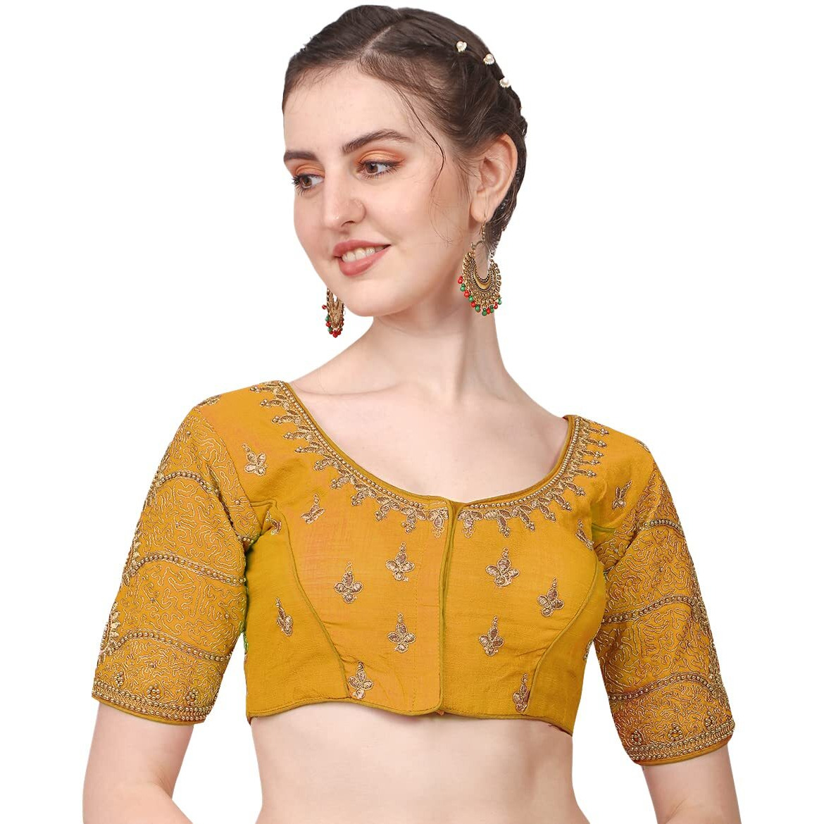 Pujia Mills Women's Silk Chevron Half Sleeve Blouse (Billa Yellow 38_Yellow_38)