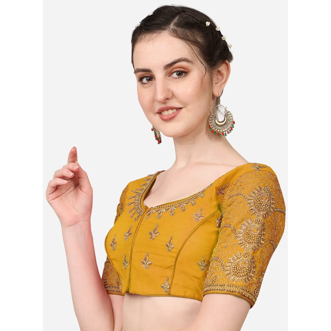 Pujia Mills Women's Silk Chevron Half Sleeve Blouse (Billa Yellow 38_Yellow_38)