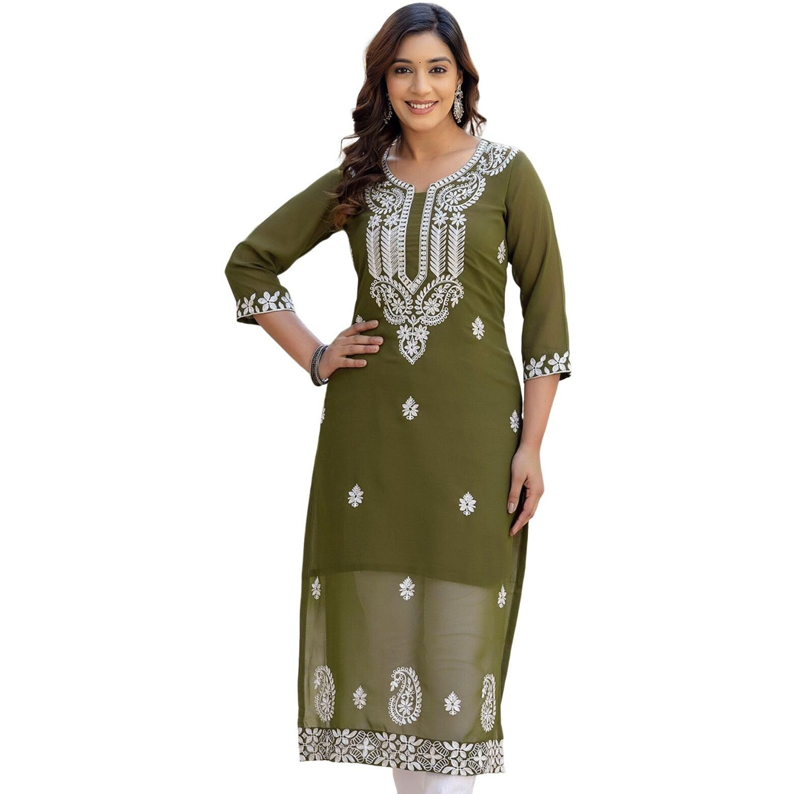 Sanisa Women's Georgette Chikankari Embroidery Straight Kurti (481K10056N-M_Olive Green)