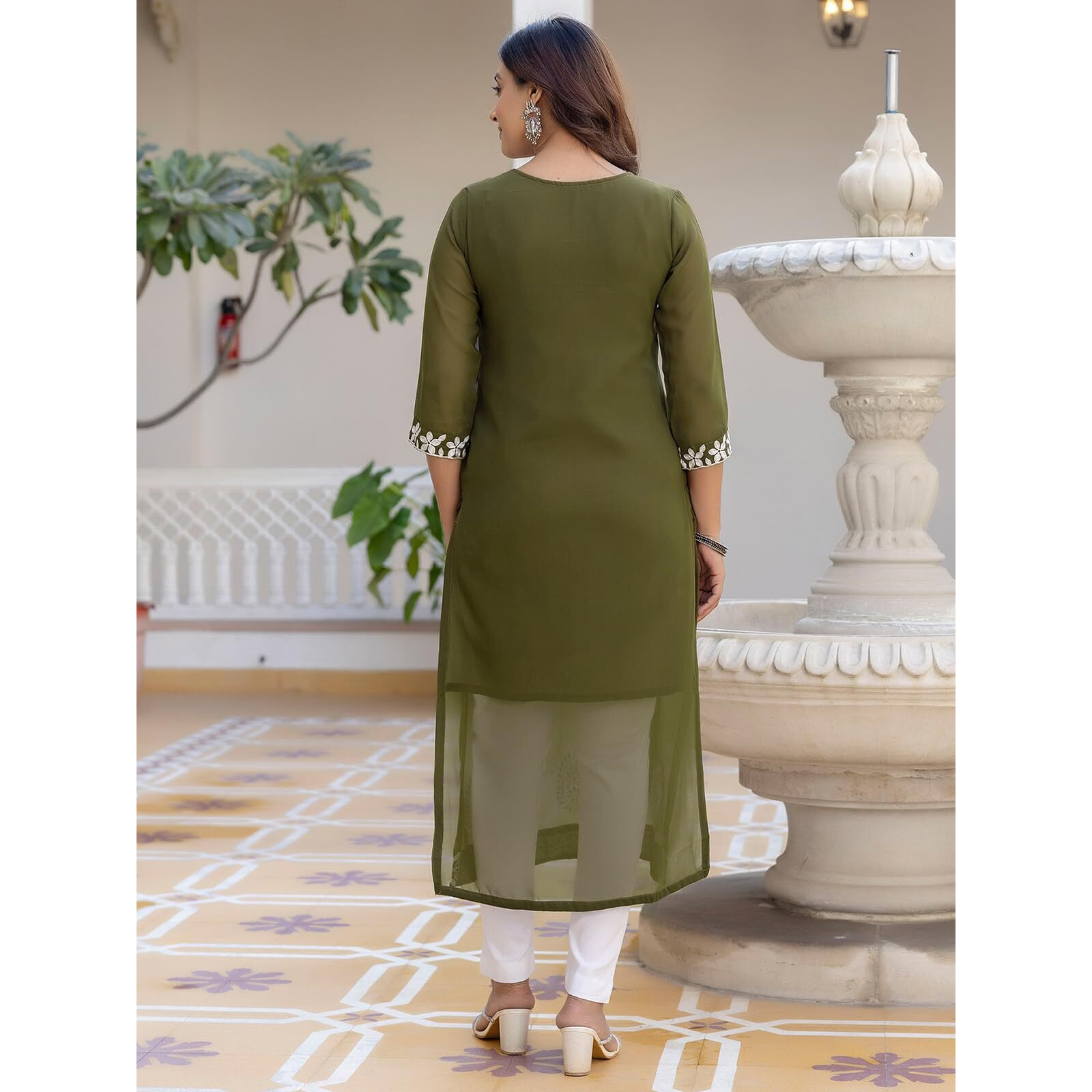 Sanisa Women's Georgette Chikankari Embroidery Straight Kurti (481K10056N-M_Olive Green)