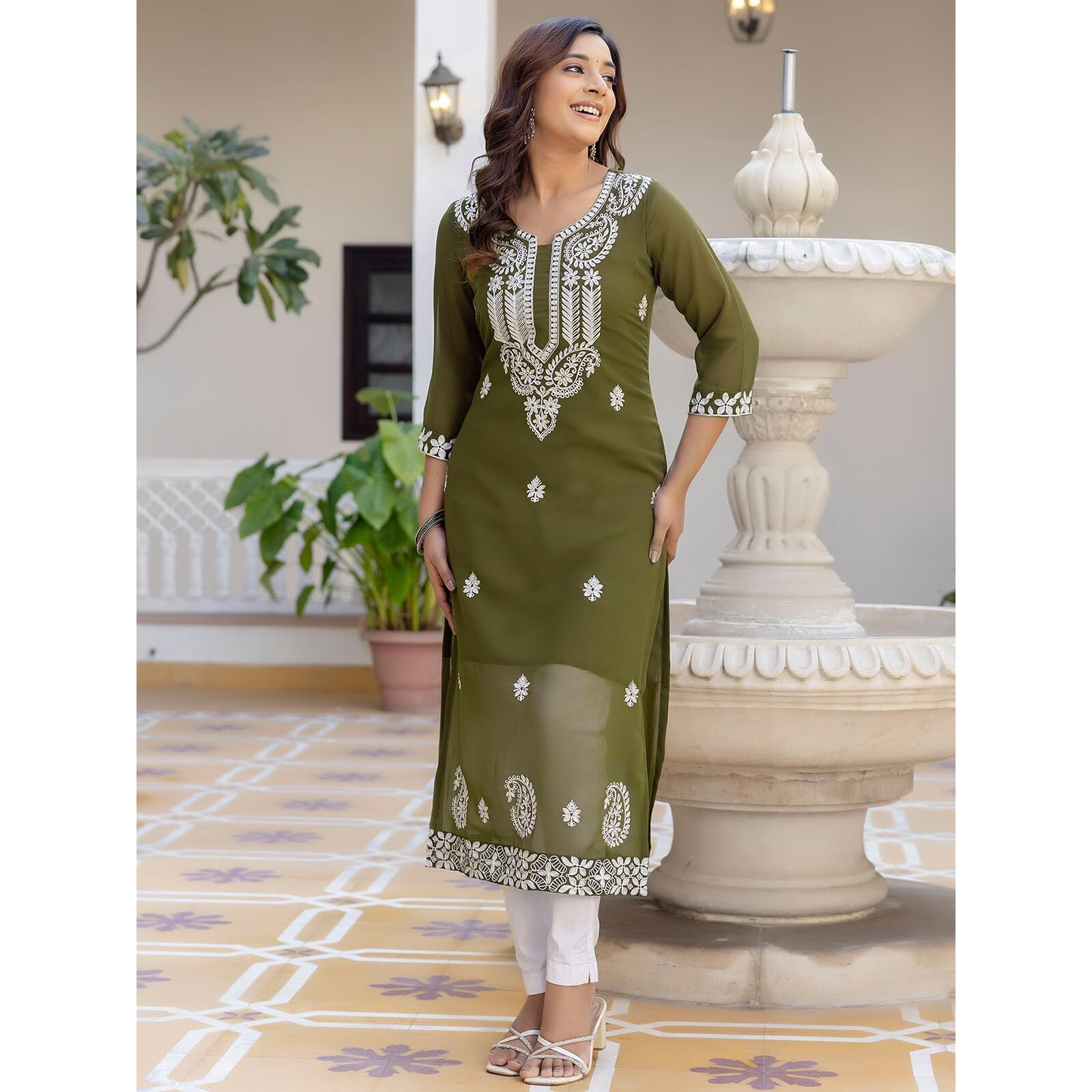 Sanisa Women's Georgette Chikankari Embroidery Straight Kurti (481K10056N-M_Olive Green)