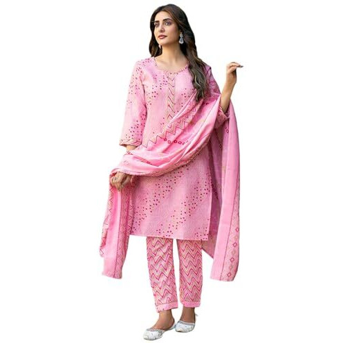 Sanisa Women's Cotton Blend Bandhani Printed With Foil Work Straight Kurta With Pant And Dupatta Set (203Kbd2154Nr-L_Rose Pink & Multi)