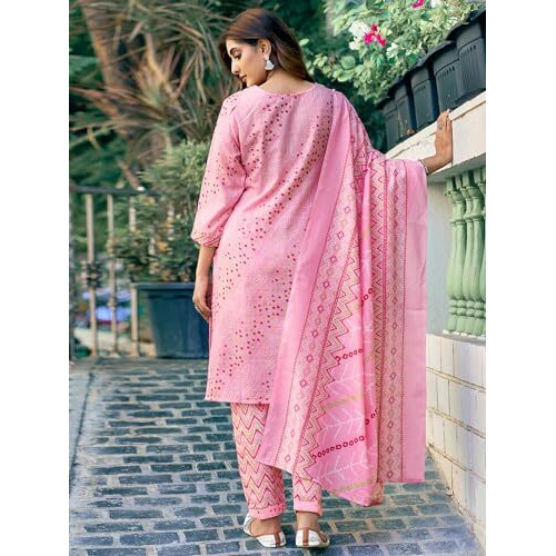 Sanisa Women's Cotton Blend Bandhani Printed With Foil Work Straight Kurta With Pant And Dupatta Set (203Kbd2154Nr-L_Rose Pink & Multi)
