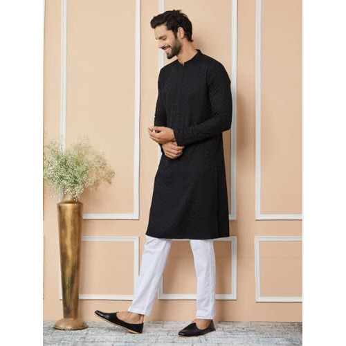 See Designs Men's Long Sleeve Mandarin Collar Side Slit Black Embroidered Chikankari Rayon Straight Kurta With Pyjama - Sdkt256501L