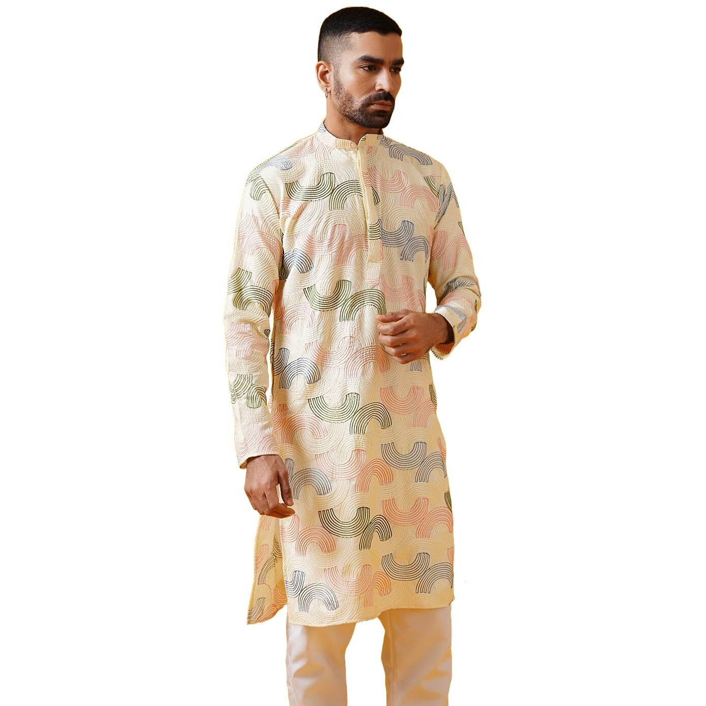 Sojanya (Since 1958 Men's Cotton Silk Multi Thread Embroidered Cream Long Kurta